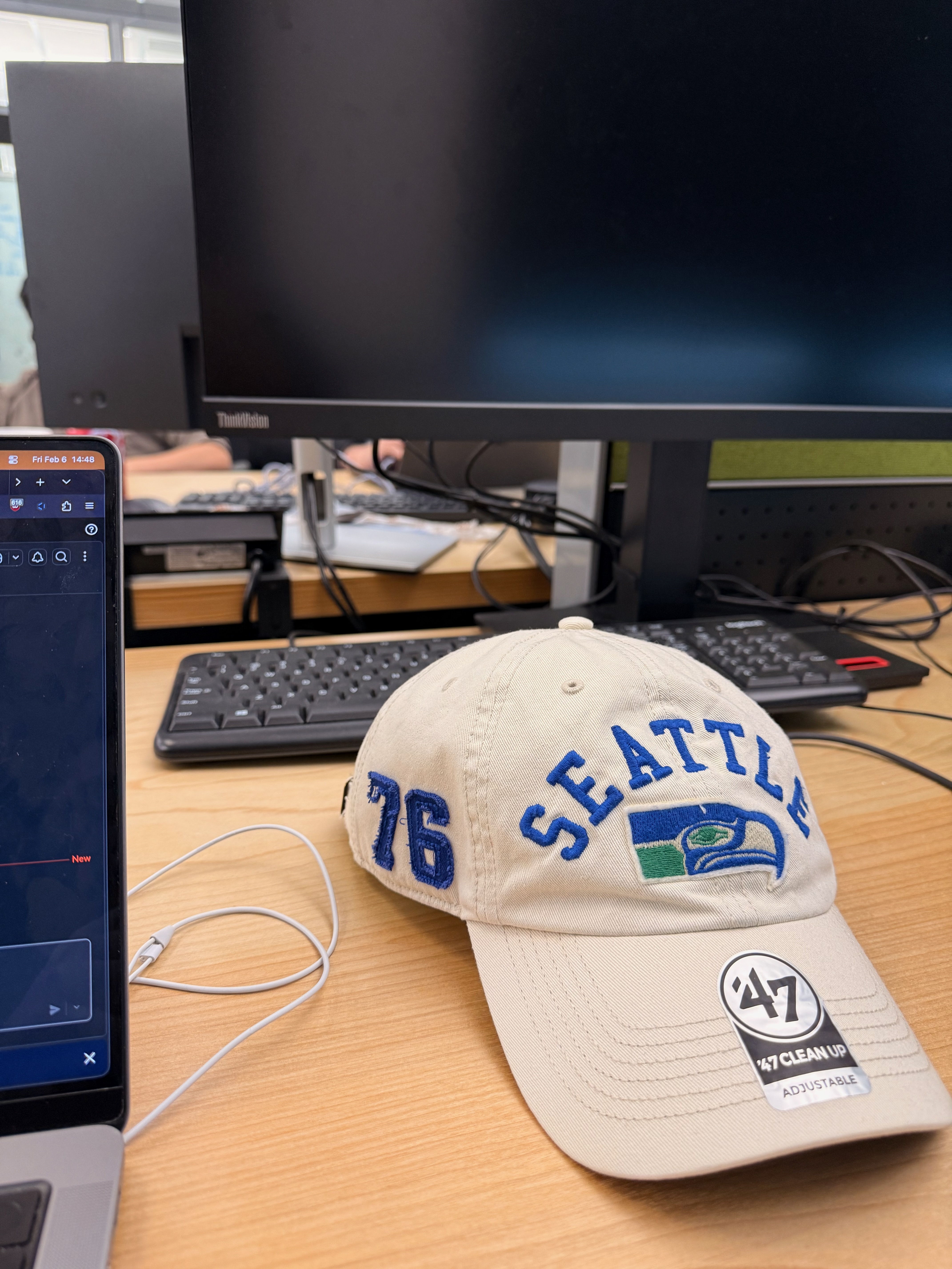 A Seahawks cap sitting on a desk at work